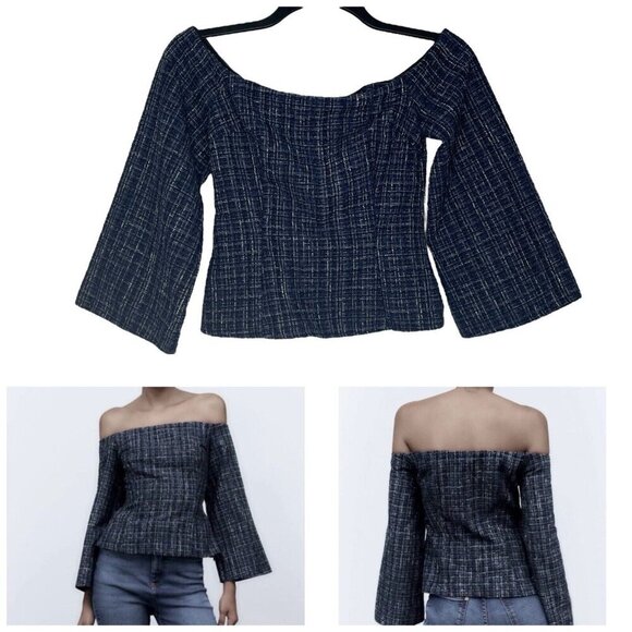 Zara Womens Top Size XS Tweed Textured Structured Off The Shoulder Flare Sleeves - Picture 1 of 7